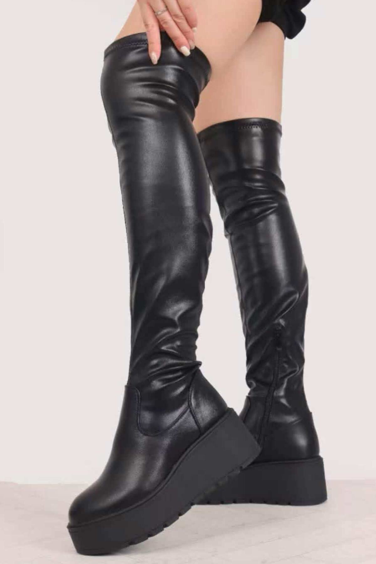 Wholesaler WILADY - Black faux leather over-the-knee boots with chunky wedge sole