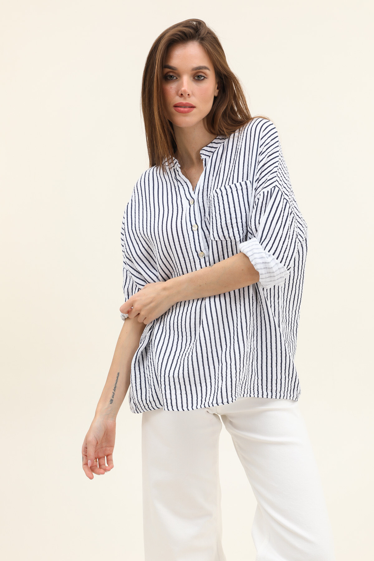 Mayorista Willow - Coloque derecho a rayas de la camisa de algodón #90831