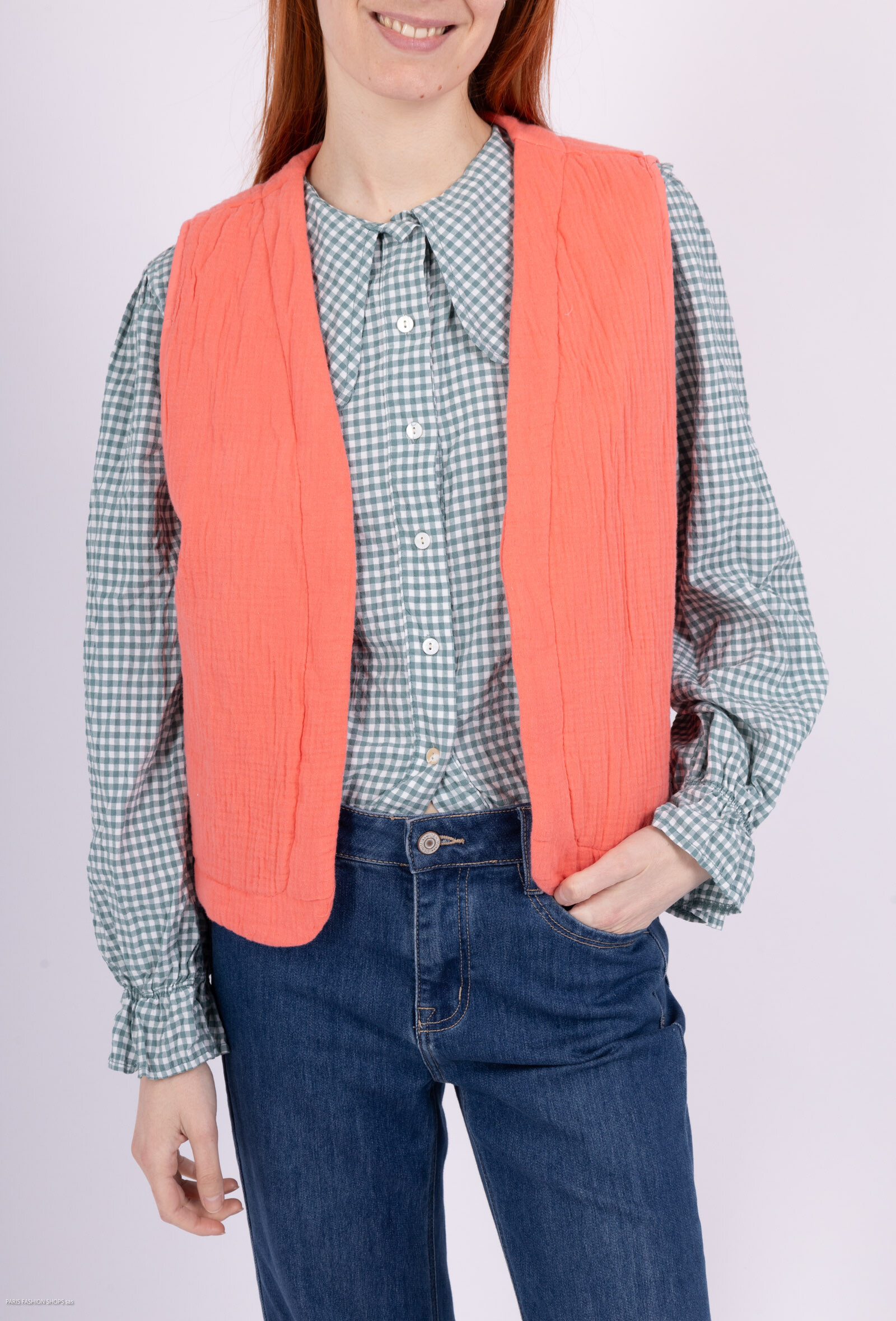 Großhändler Willow - Ärmellose Jacke aus Baumwollgaze mit feinen Streifen