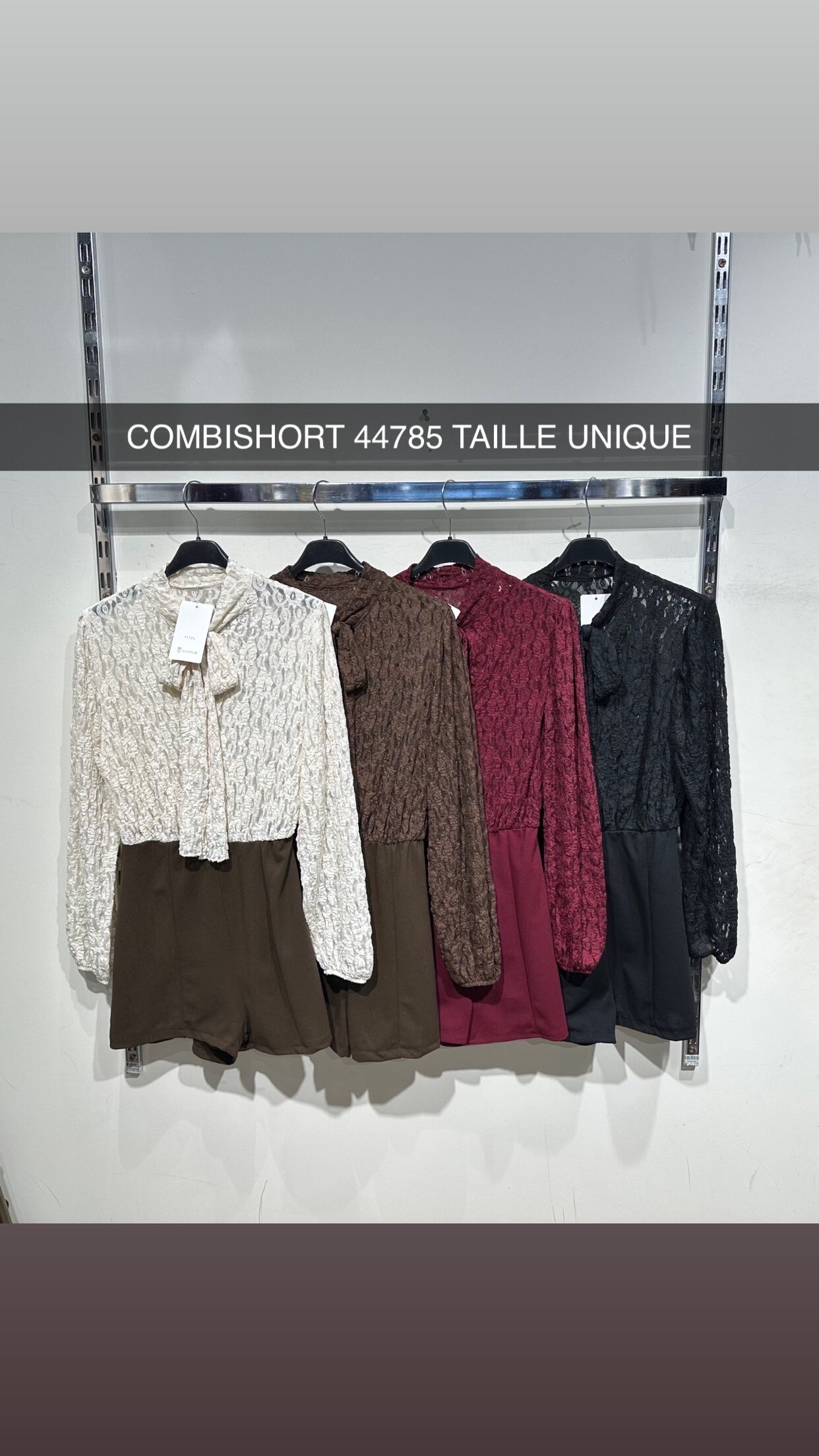 Combishort élégante en dentelle italienne, col noué, manches longues, idéale pour l'automne/hiver. Poly/élasthanne pour un confort chic.
