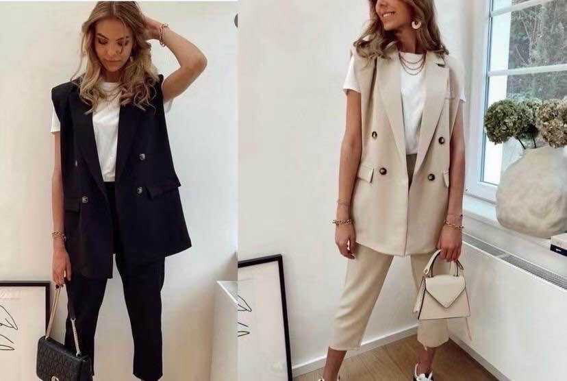 Elegant vest and matching pants, designed in Italy, soft polyester and elastane for comfort, ideal for spring/summer.