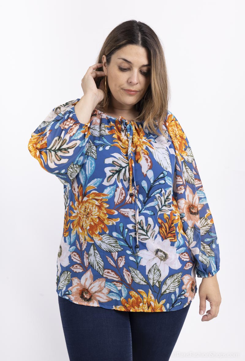 Mayorista World Fashion - Blusa GT de manga larga fluida y casual - Estampado tropical