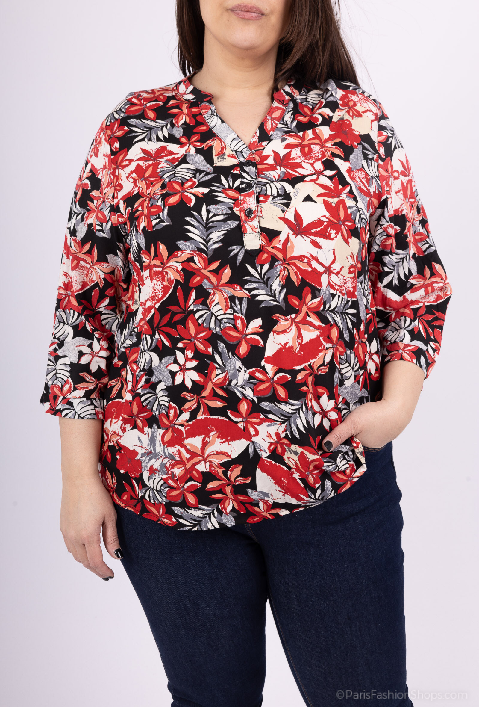 Grossiste World Fashion - Blouse fluide & casual GT manches 3/4 - Imprimé tropical