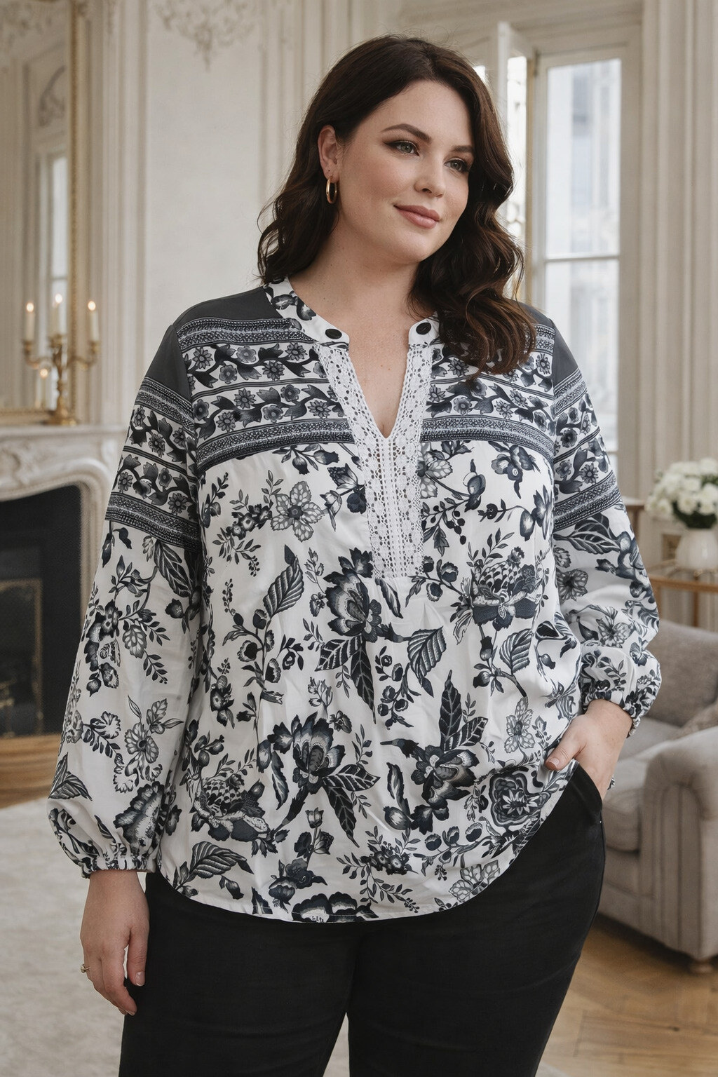 Haut Femme Manches Longues Imprimé Fleurs Gris - Taille L - Neuf Sans étiquettes