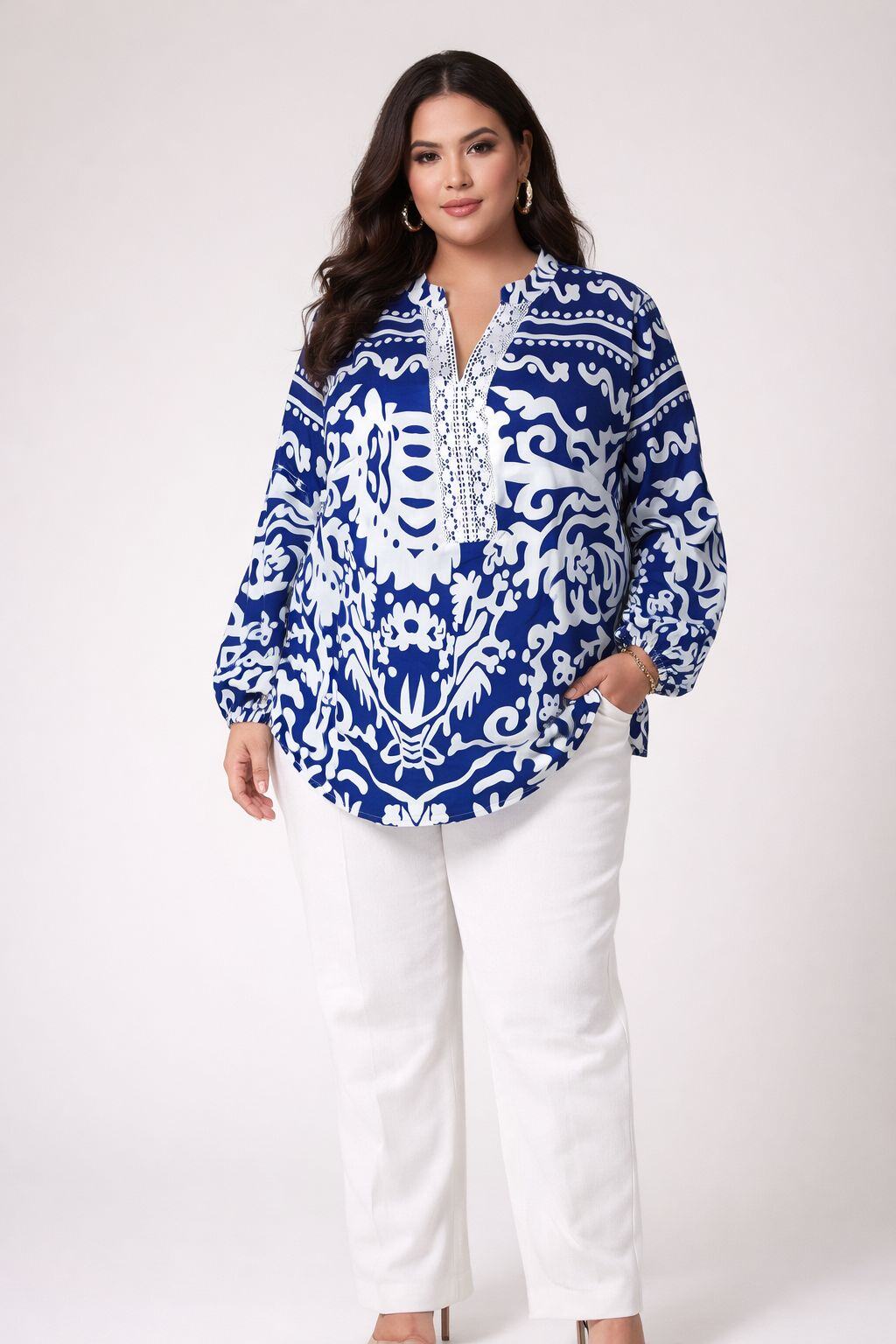 Mayorista World Fashion - Blusa fluida y casual Talla Grande de manga larga - Estampado