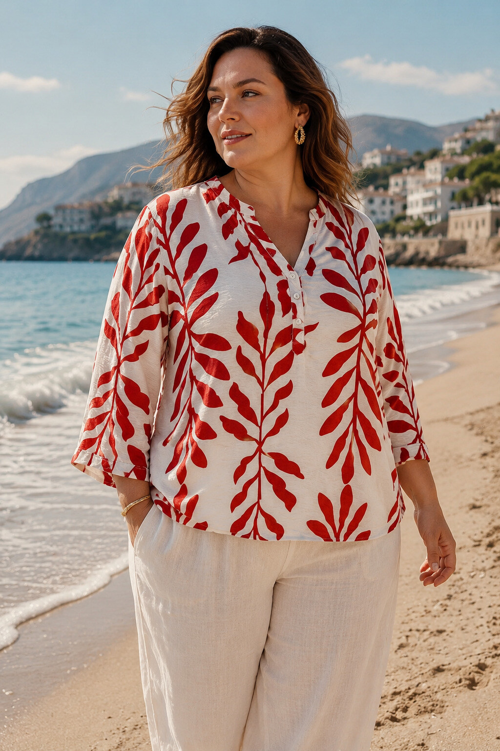 Grossista World Fashion - Blusa fluida e casual Taglia Grande con maniche 3/4 - Stampa Tropicale