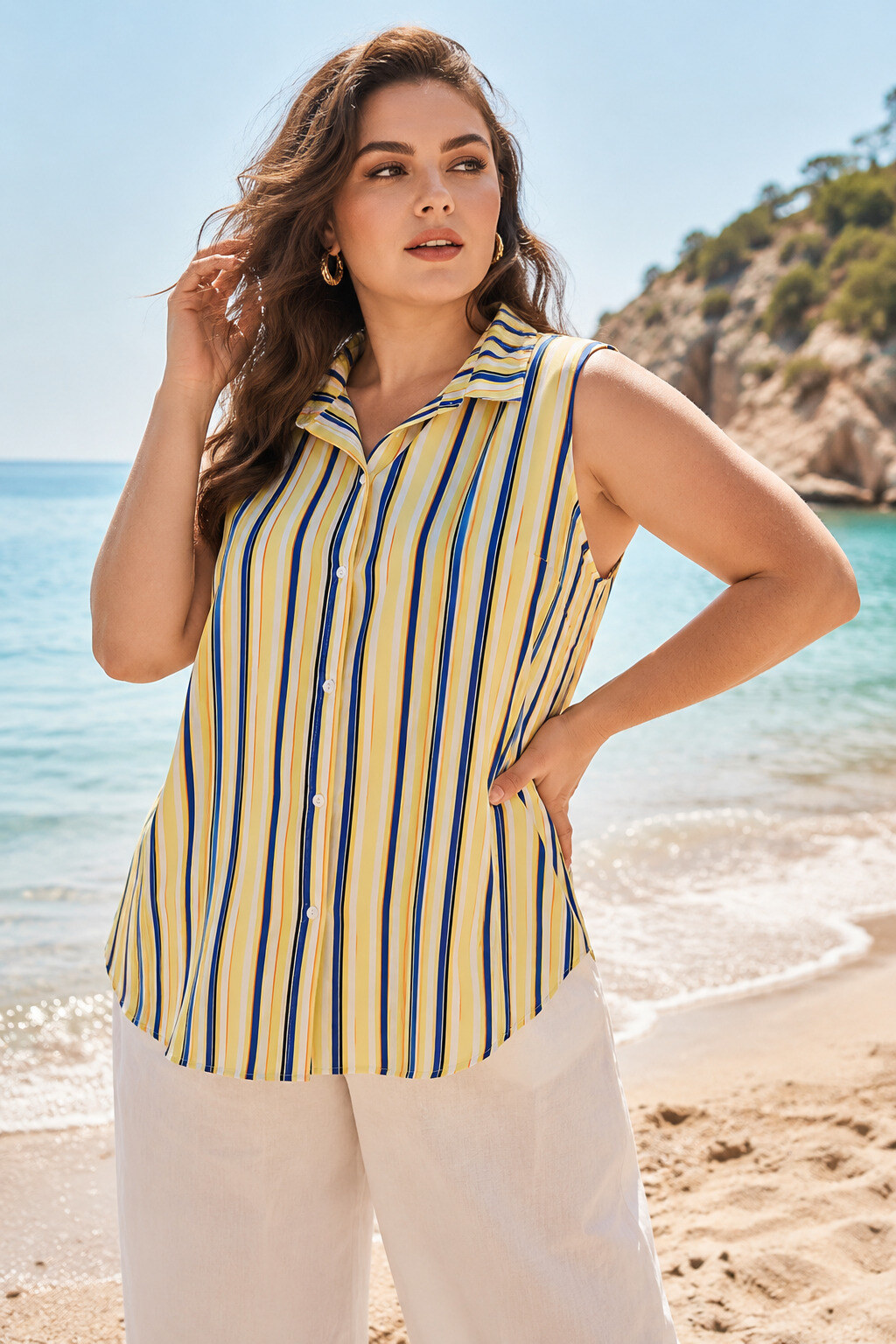 Großhändler World Fashion - Fließendes & Lässiges Ärmelloses Shirt in Großen Größen - Streifenmuster