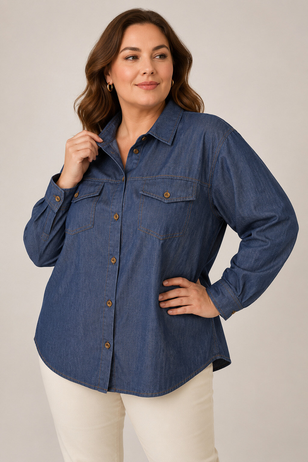 Wholesaler World Fashion - Flowy & Casual Plus Size Long Sleeve Shirt - Denim