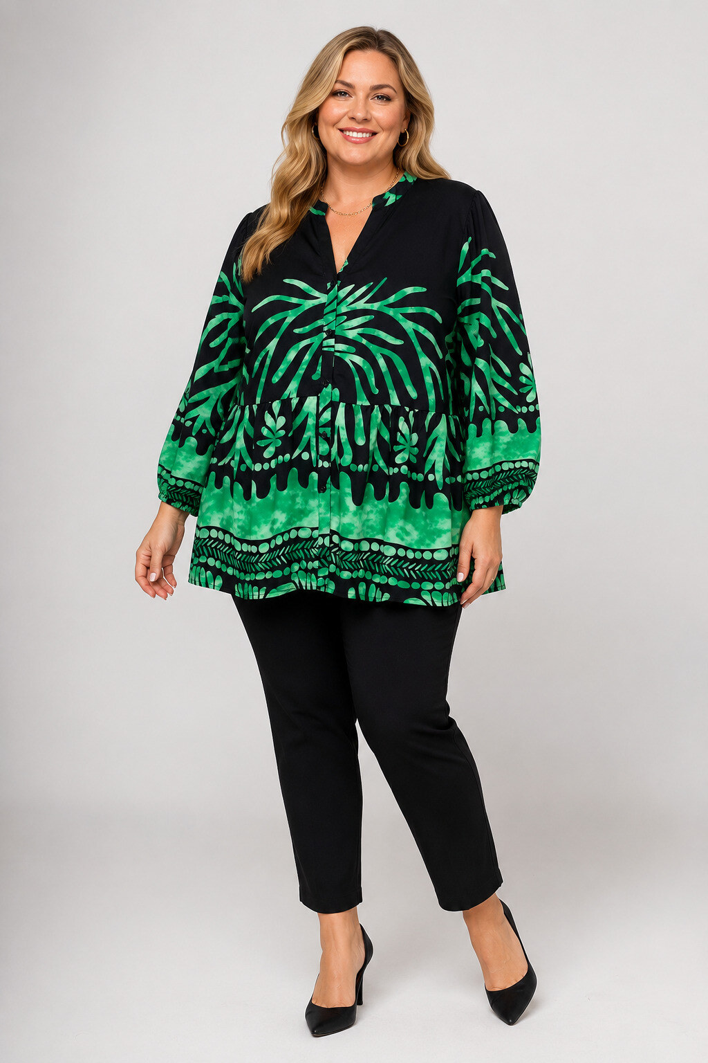 Wholesaler World Fashion - Flowy & Casual Plus Size Long Sleeve Shirt - Tropical Print