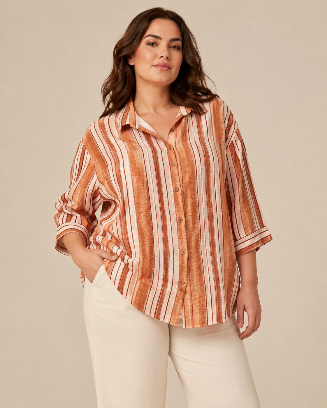 Wholesaler World Fashion - Plus Size 3/4 Sleeve Cotton Shirt
