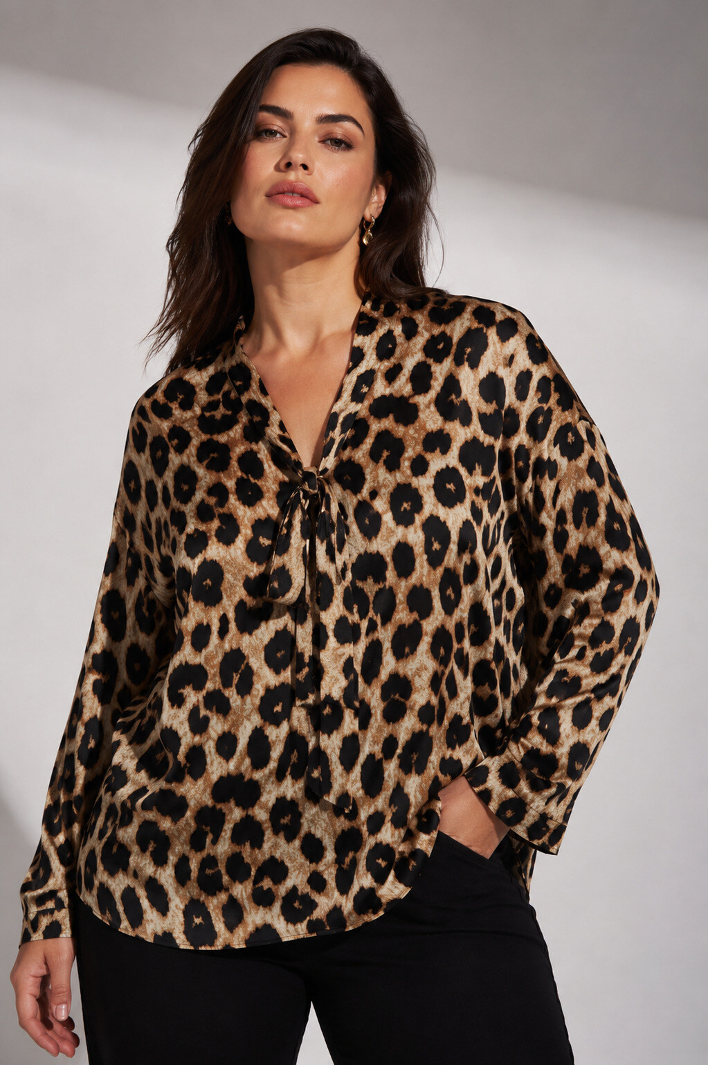 Wholesaler World Fashion - Flowy & Casual Plus Size Long Sleeve Tie Neck Blouse - Leopard Print