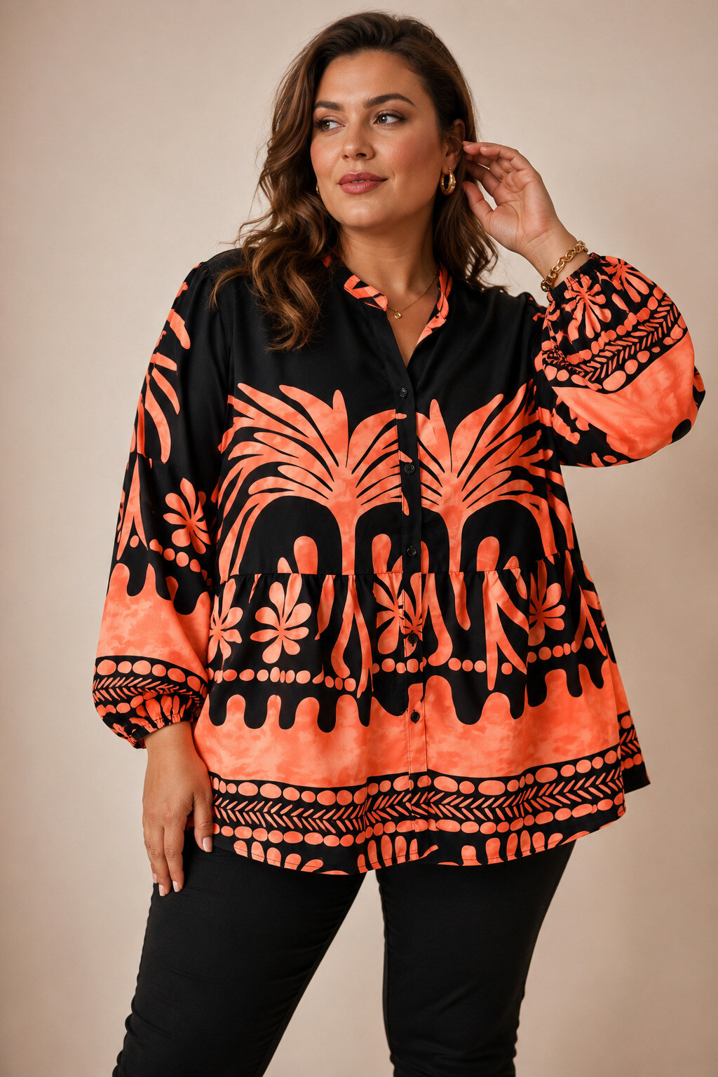 Wholesaler World Fashion - Flowy & Casual Plus Size Long Sleeve Shirt - Tropical Print
