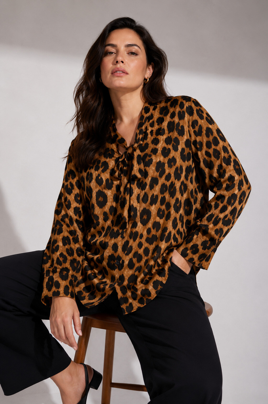 Wholesaler World Fashion - Flowy & Casual Plus Size Long Sleeve Tie Neck Blouse - Leopard Print