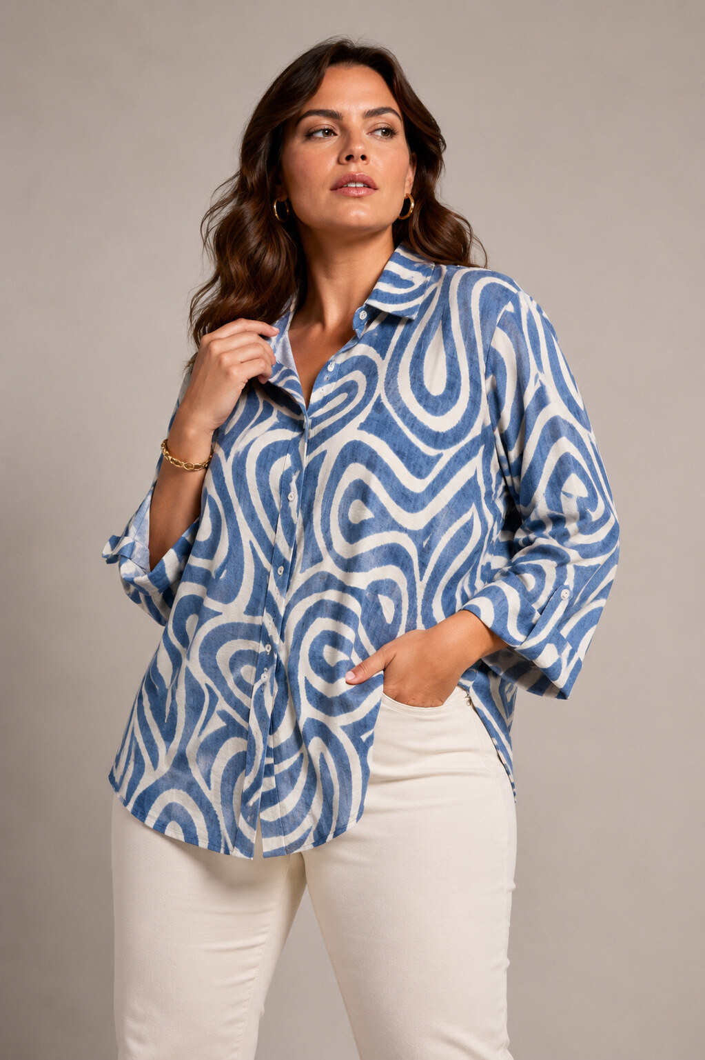 Wholesaler World Fashion - Flowy & Casual Plus Size 3/4 Sleeve Shirt - Printed