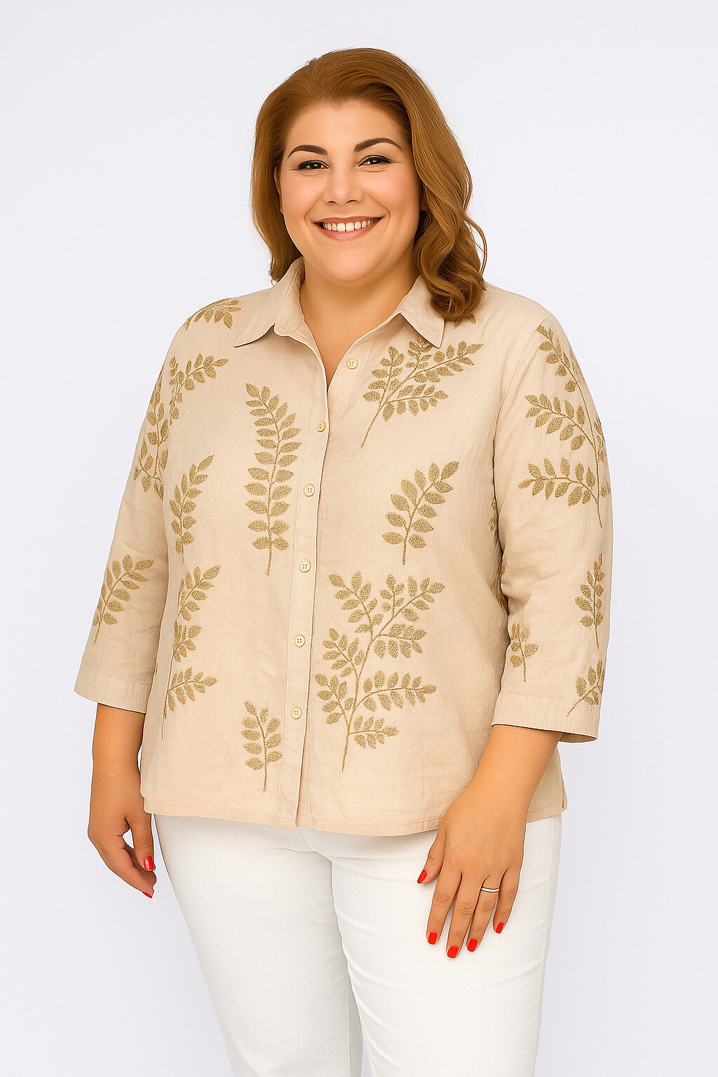 Großhändler World Fashion - Goldbesticktes Damenhemd aus Baumwolle in Übergröße mit 3/4-Ärmeln - Elegant und Bequem