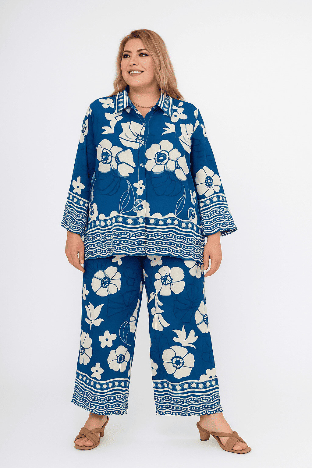 Grossista World Fashion - Set Stampato da Donna Taglie Forti in Cotone Maniche 3/4 - Elegante e Confortevole