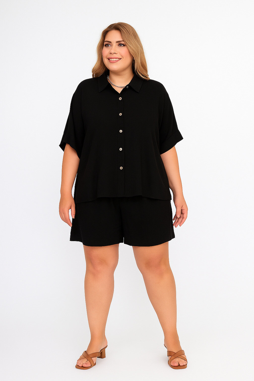 Grossista World Fashion - Set da Donna in Cotone e Lino Camicia a Maniche Corte Pantaloncini - Elegante e Confortevole