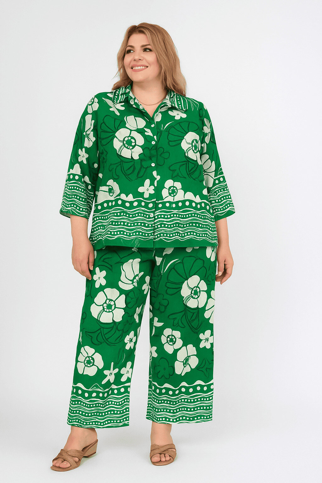 Grossista World Fashion - Set Stampato da Donna Taglie Forti in Cotone Maniche 3/4 - Elegante e Confortevole