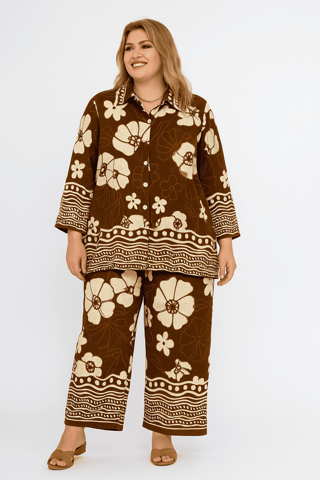 Grossista World Fashion - Set Stampato da Donna Taglie Forti in Cotone Maniche 3/4 - Elegante e Confortevole