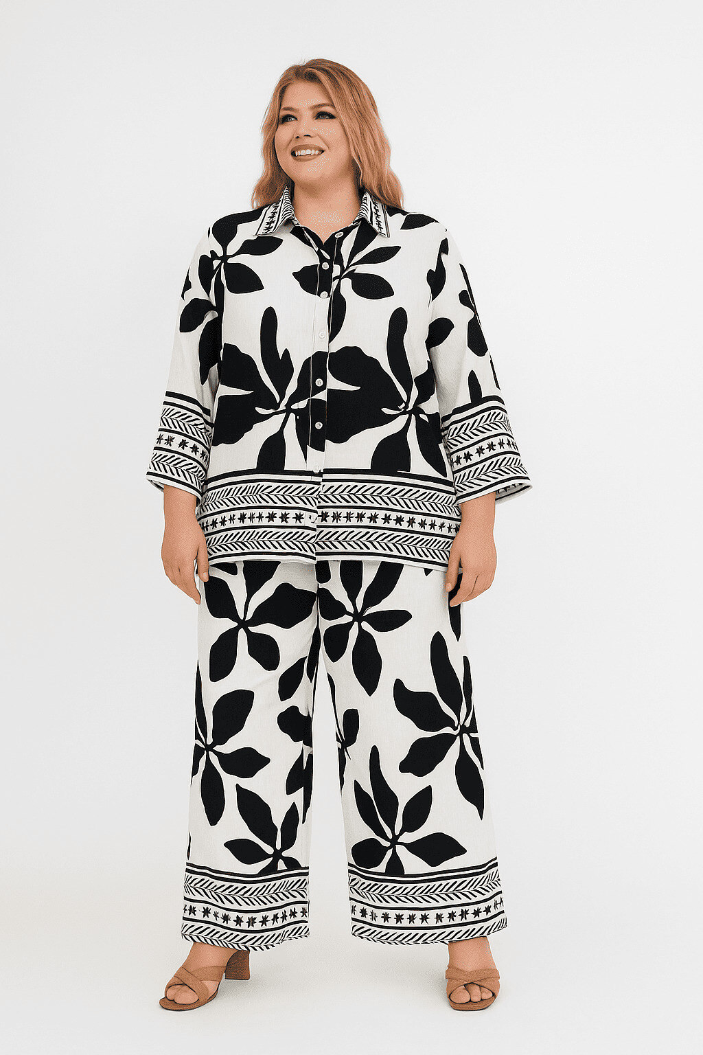 Grossista World Fashion - Set Stampato da Donna Taglie Forti in Cotone Maniche 3/4 - Elegante e Confortevole