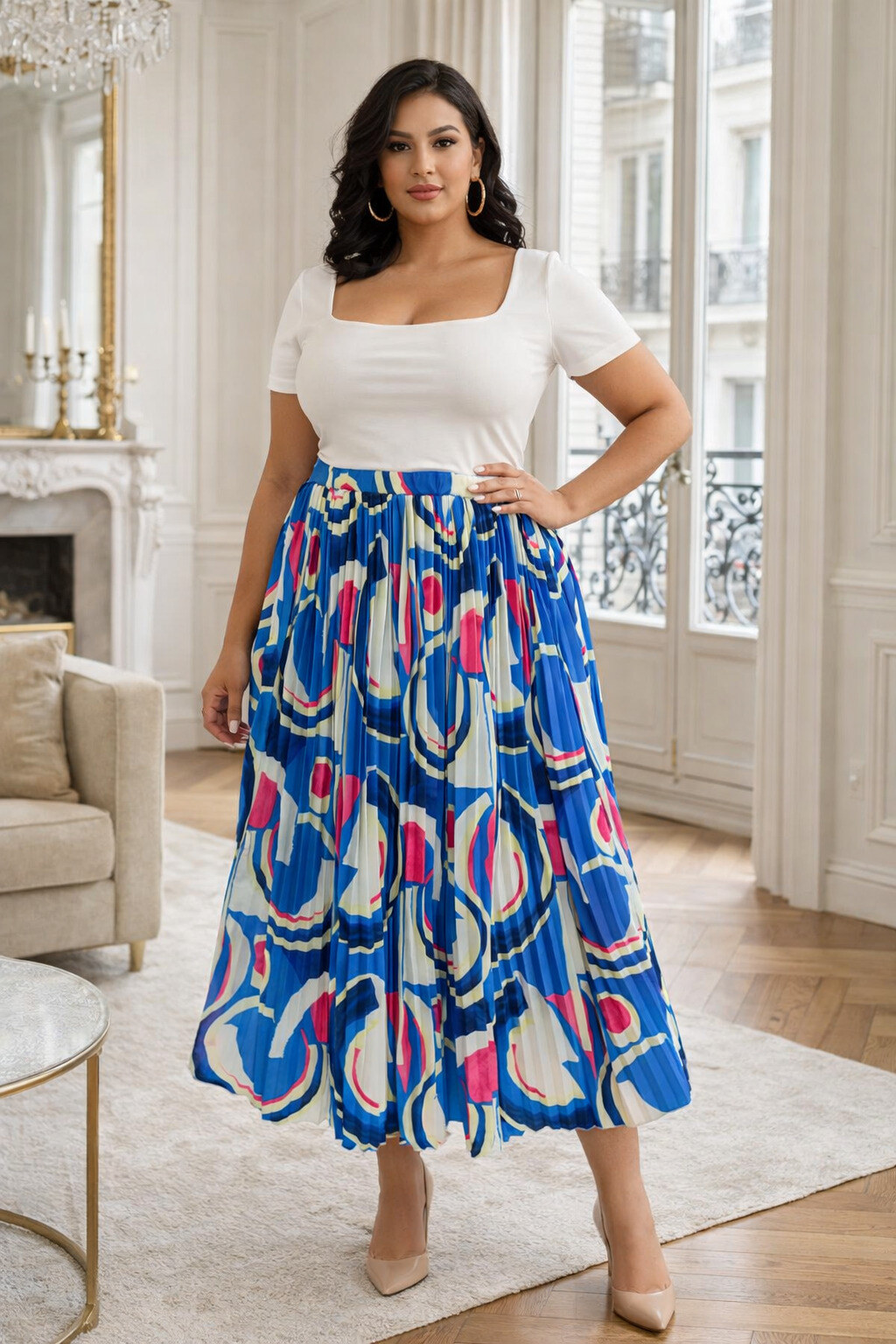 Jupe Maxi Longue Imprimé Paris Girl – Bleue – Taille Large (L) – Joo Bee Apparel