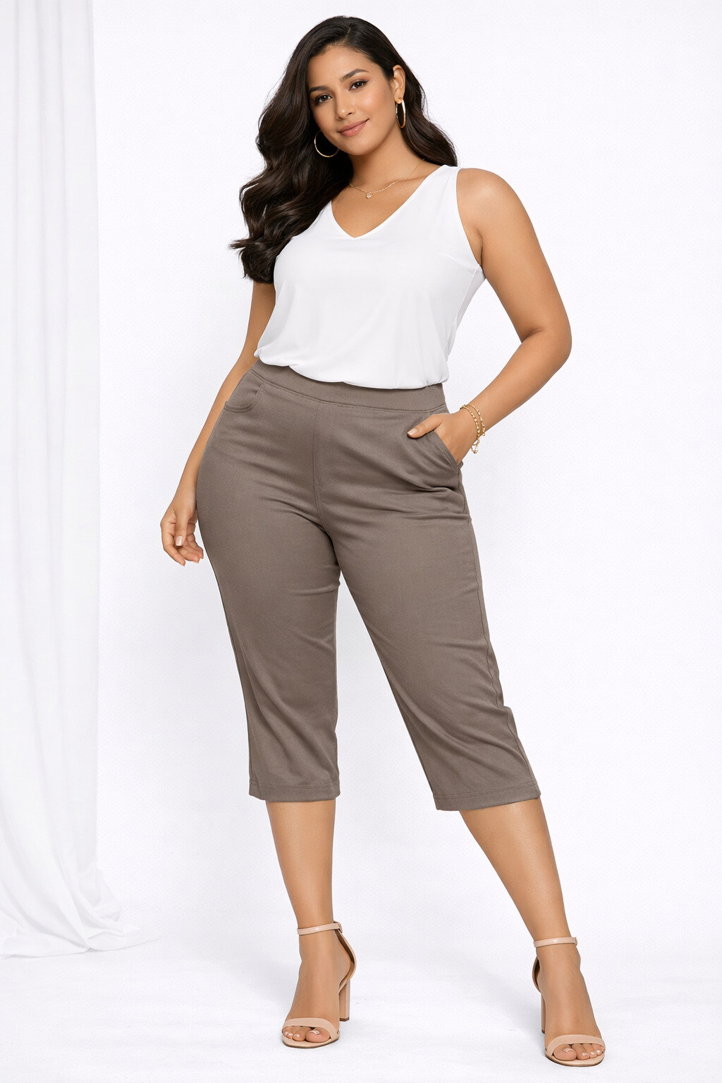 Großhändler World Fashion - Große Größen Caprihose mit elastischem Bund STRAIGHT - Einfarbig