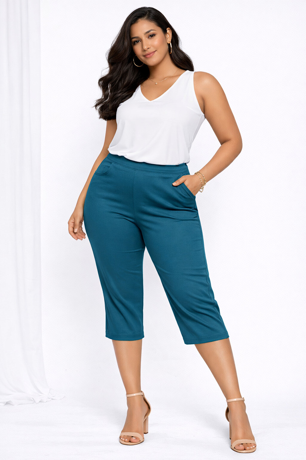 Großhändler World Fashion - Große Größen Caprihose mit elastischem Bund STRAIGHT - Einfarbig