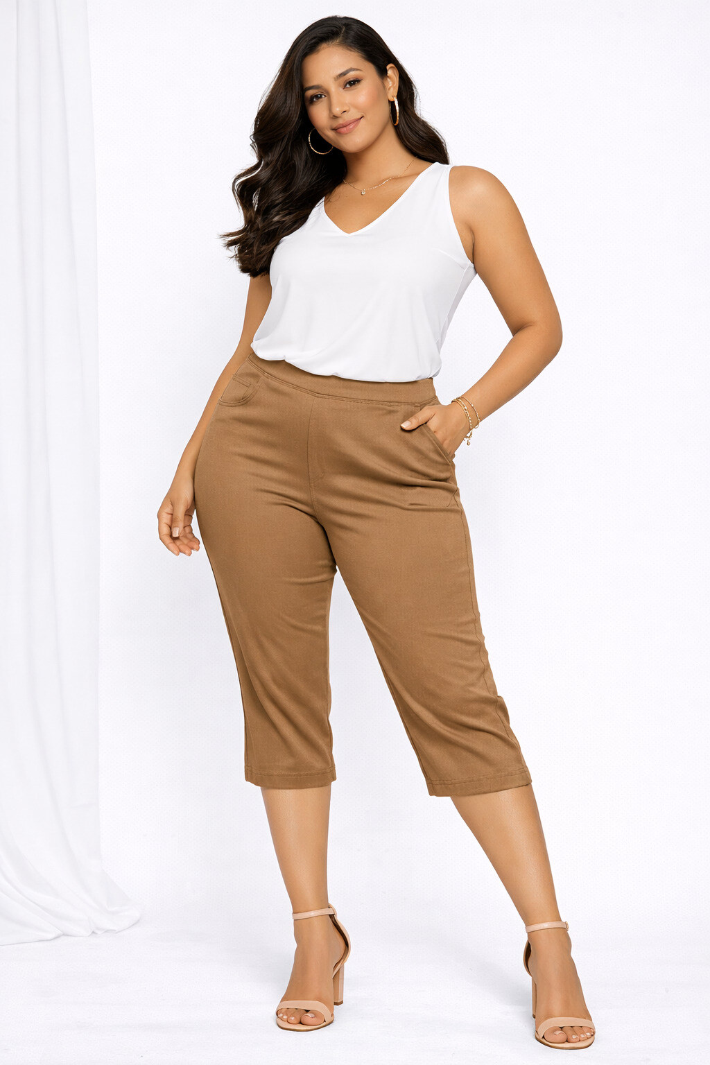 Großhändler World Fashion - Große Größen Caprihose mit elastischem Bund STRAIGHT - Einfarbig