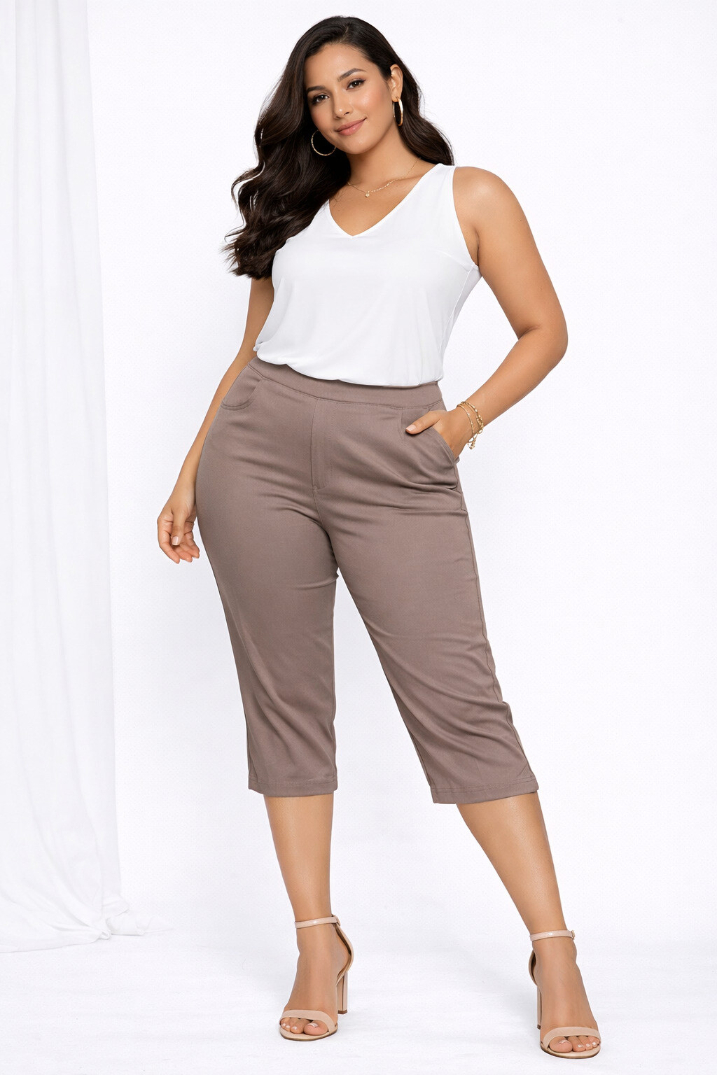 Großhändler World Fashion - Große Größen Caprihose mit elastischem Bund STRAIGHT - Einfarbig