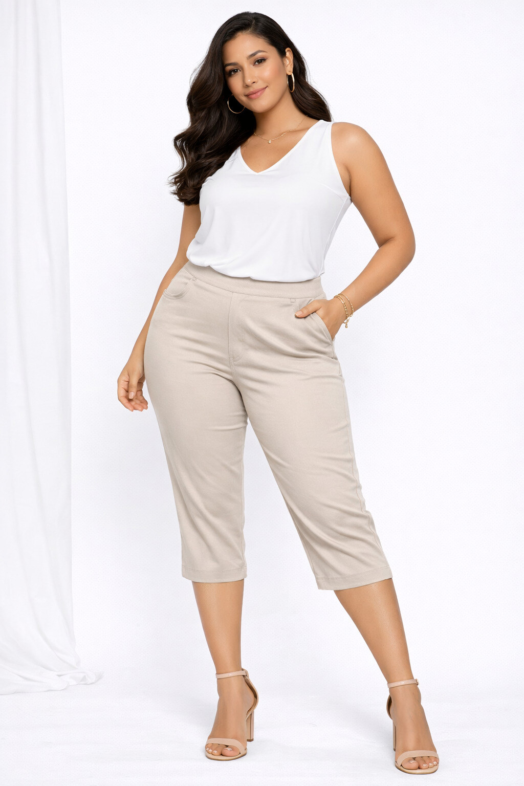 Großhändler World Fashion - Große Größen Caprihose mit elastischem Bund STRAIGHT - Einfarbig