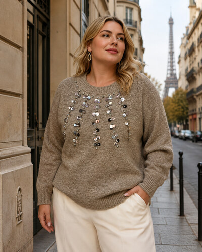 Grossiste World Fashion - Pull Grande Taille en laine avec perles métalliques Grossiste World Fashion - Pull Grande Taille en laine avec perles métalliques