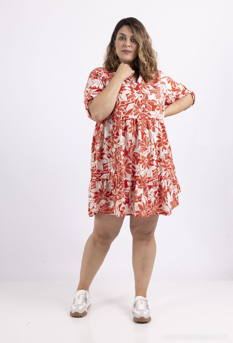 Mayorista World Fashion - Vestido túnica GT volantes manga 3/4 dorado - Estampado tropical