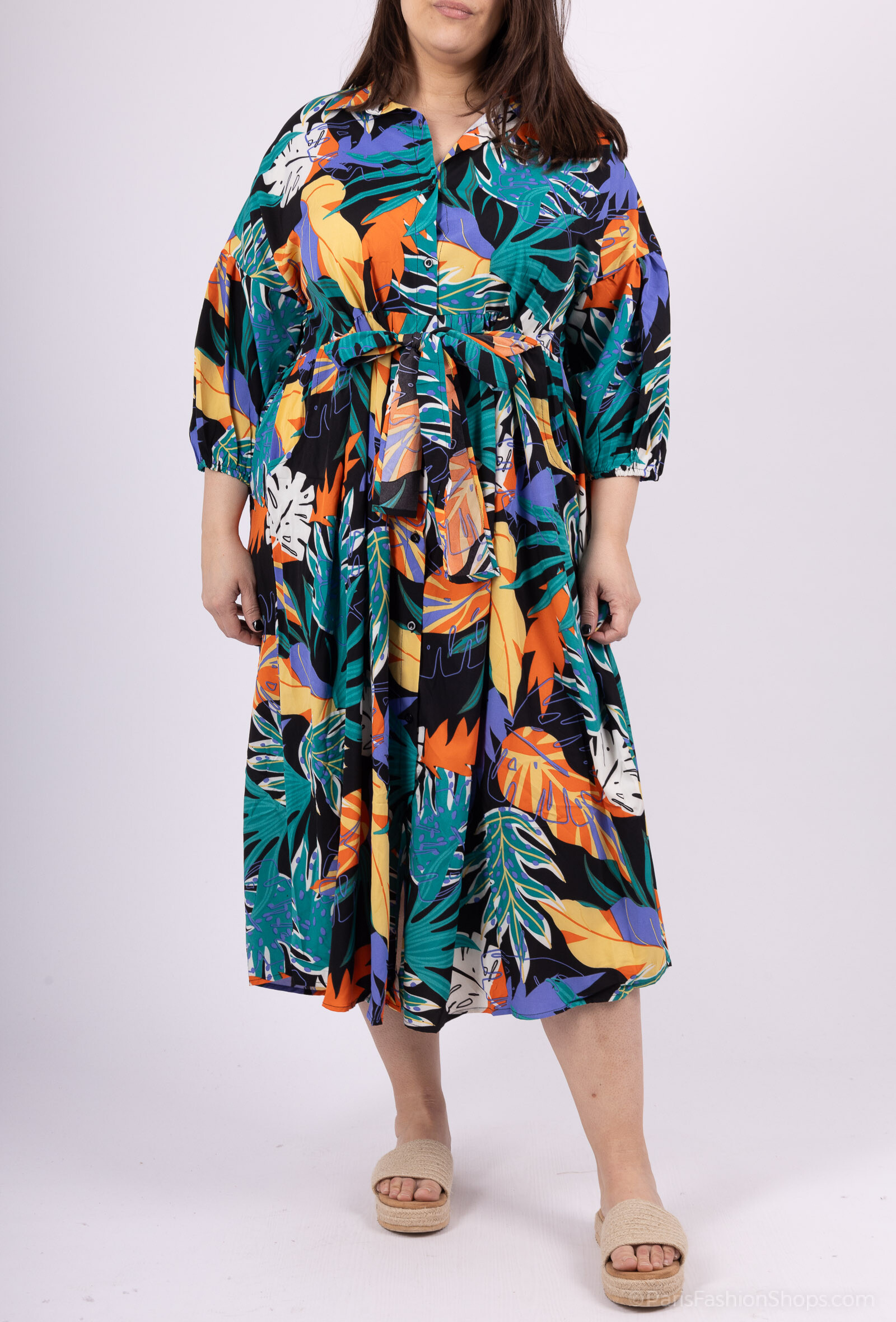 Wholesaler World Fashion - Long GT ruffle dress with 3/4 sleeves - Tropical print
