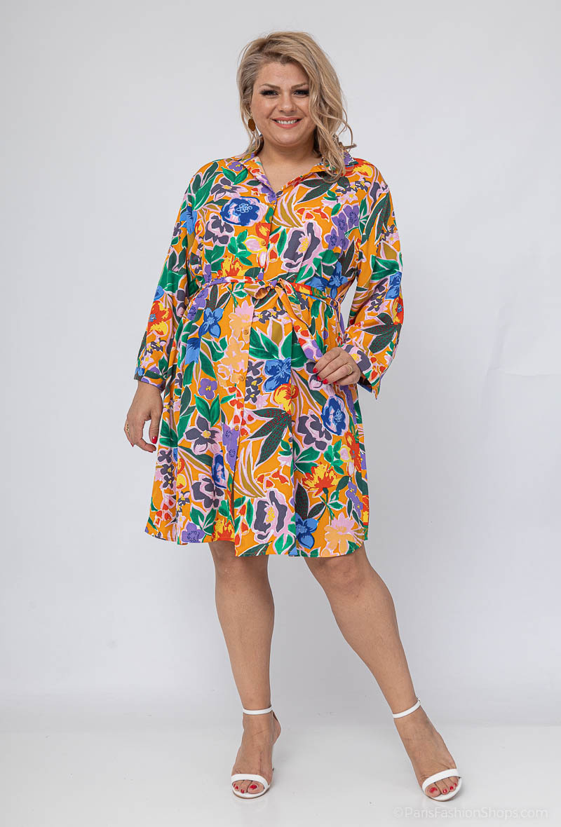Mayorista World Fashion - Vestido camisero GT fluido y casual con mangas 3/4 - Estampado tropical