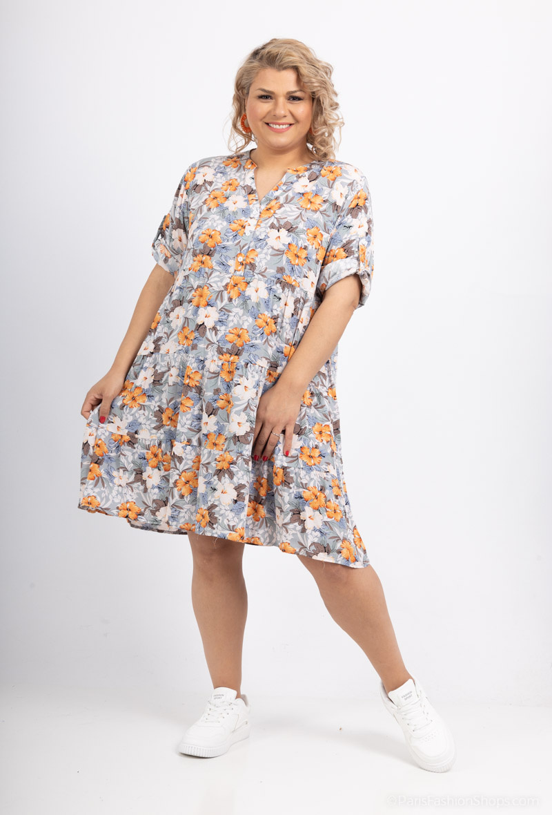 Wholesaler World Fashion - GT ruffled tunic dress with 3/4 sleeves - Flower print