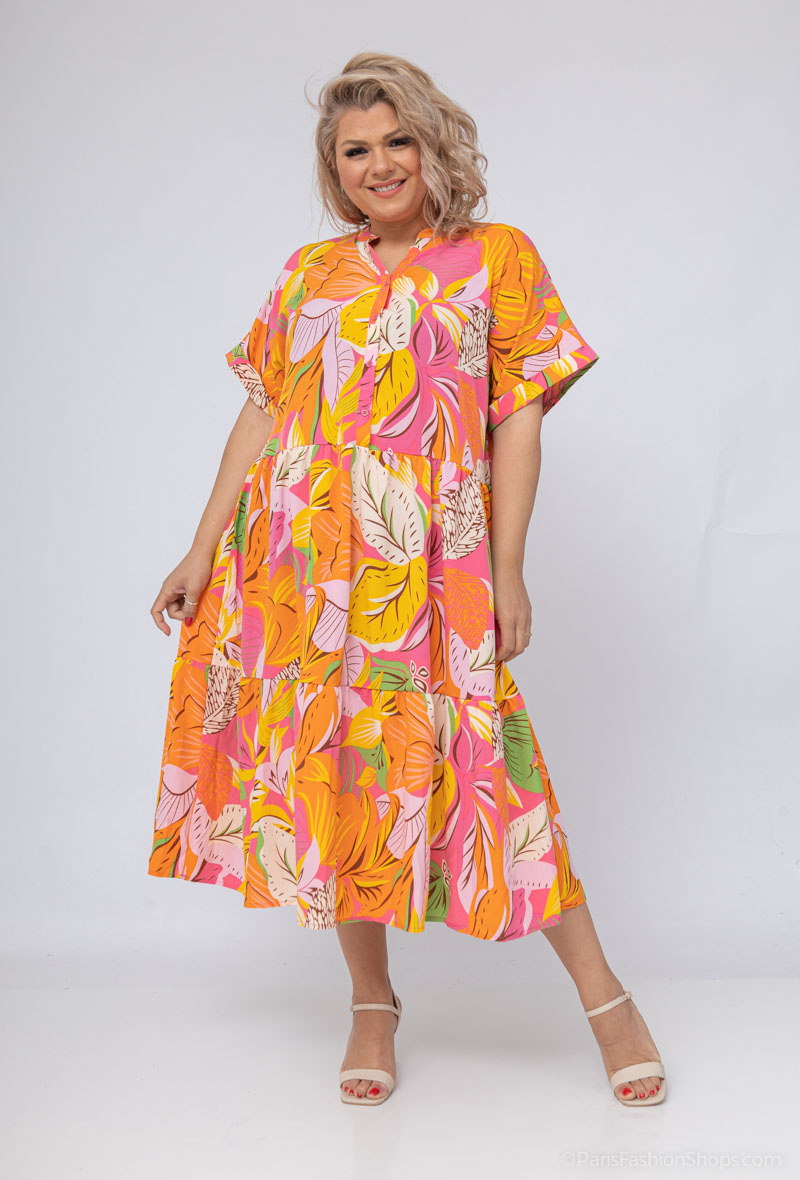 Wholesaler World Fashion - Short-sleeved GT ruffle dress - Tropical print