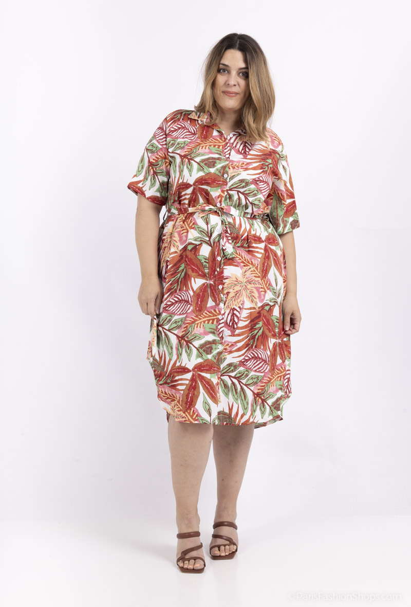 Wholesaler World Fashion - Long fluid & casual GT short-sleeved shirt dress - Tropical print