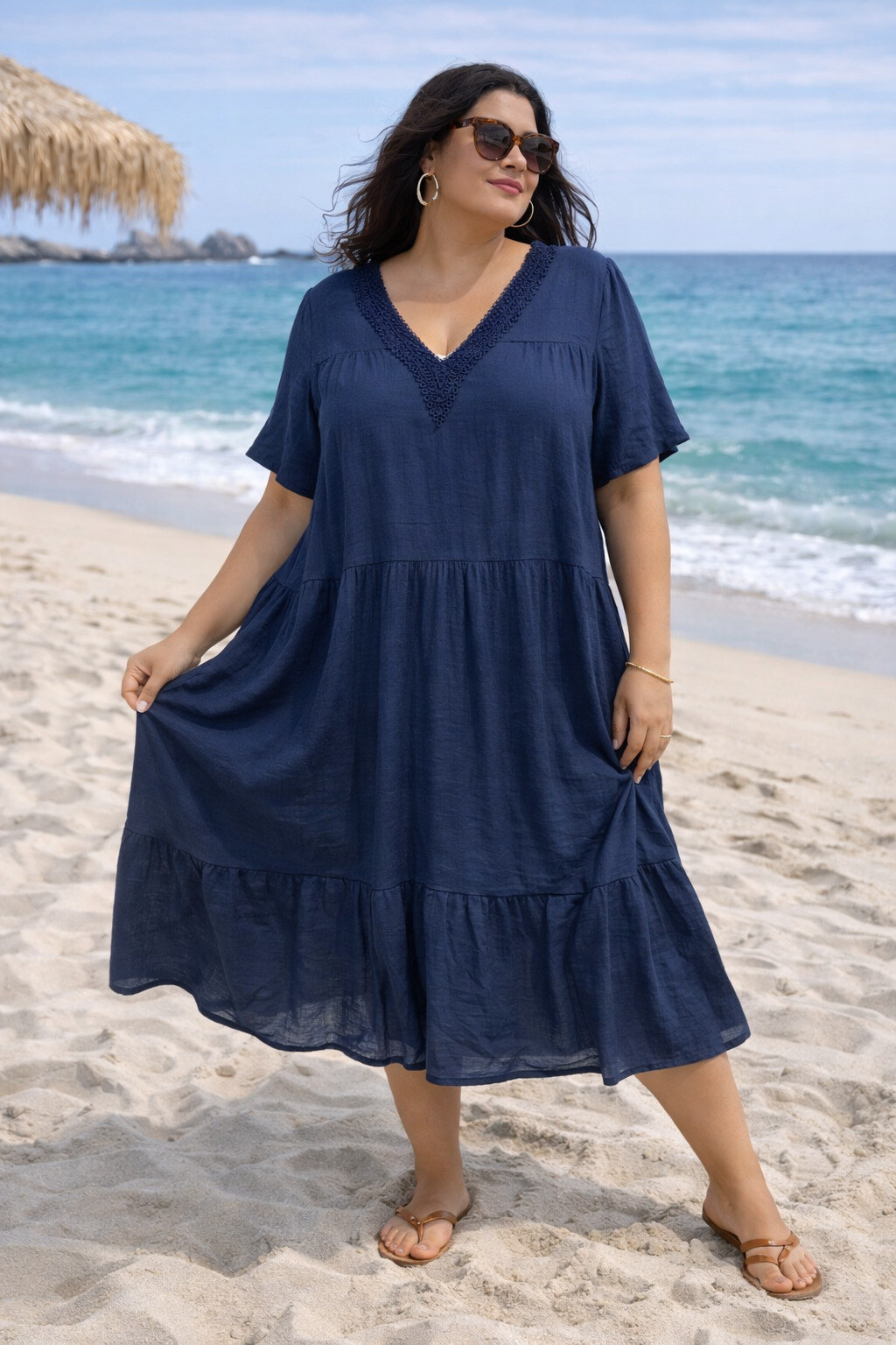 Grossiste World Fashion - Robe Longue Grande Taille manches courtes avec dentelles - Uni