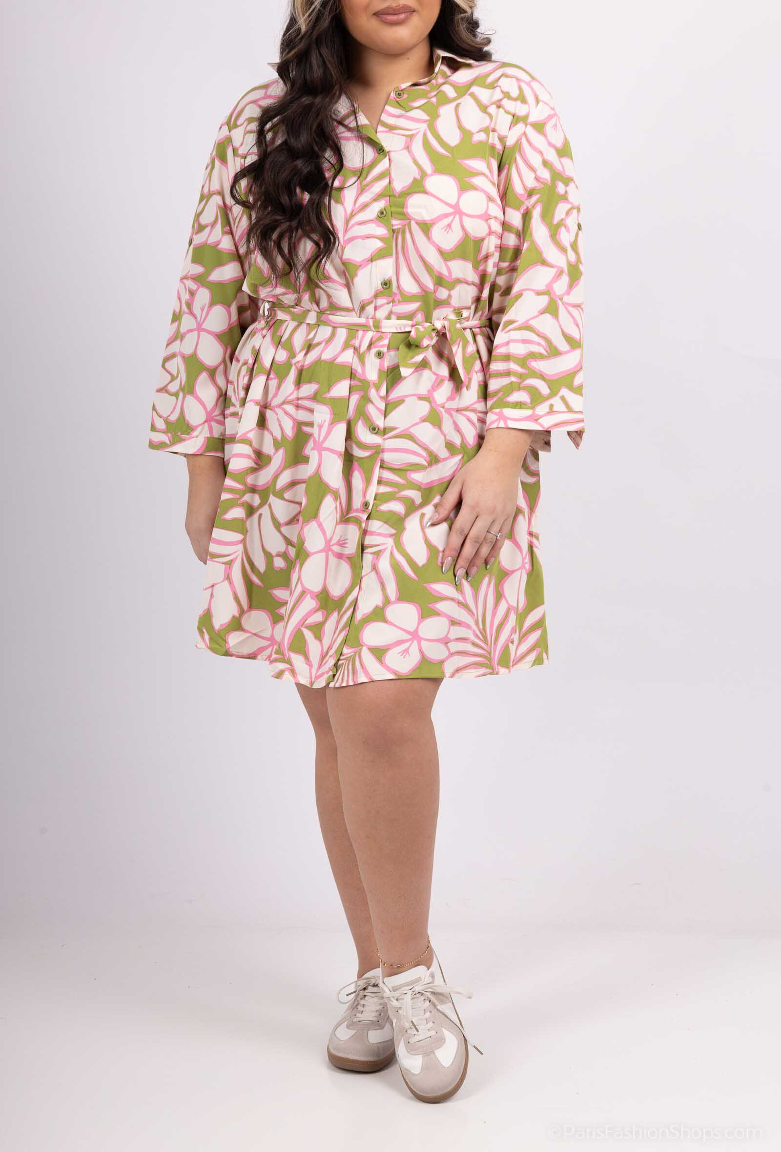 Mayorista World Fashion - Vestido de camisa fluida y mangas GT casuales 3/4 - estampado tropical