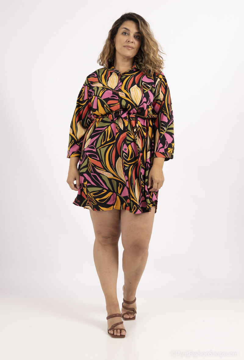 Mayorista World Fashion - Vestido camisero GT fluido y casual con mangas 3/4 - Estampado tropical