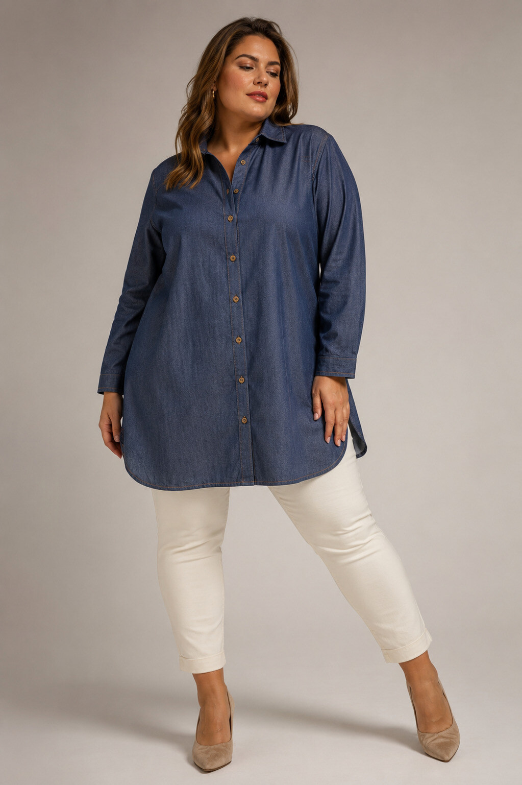 Wholesaler World Fashion - Flowy & Casual Plus Size Long Sleeve Dress - Denim