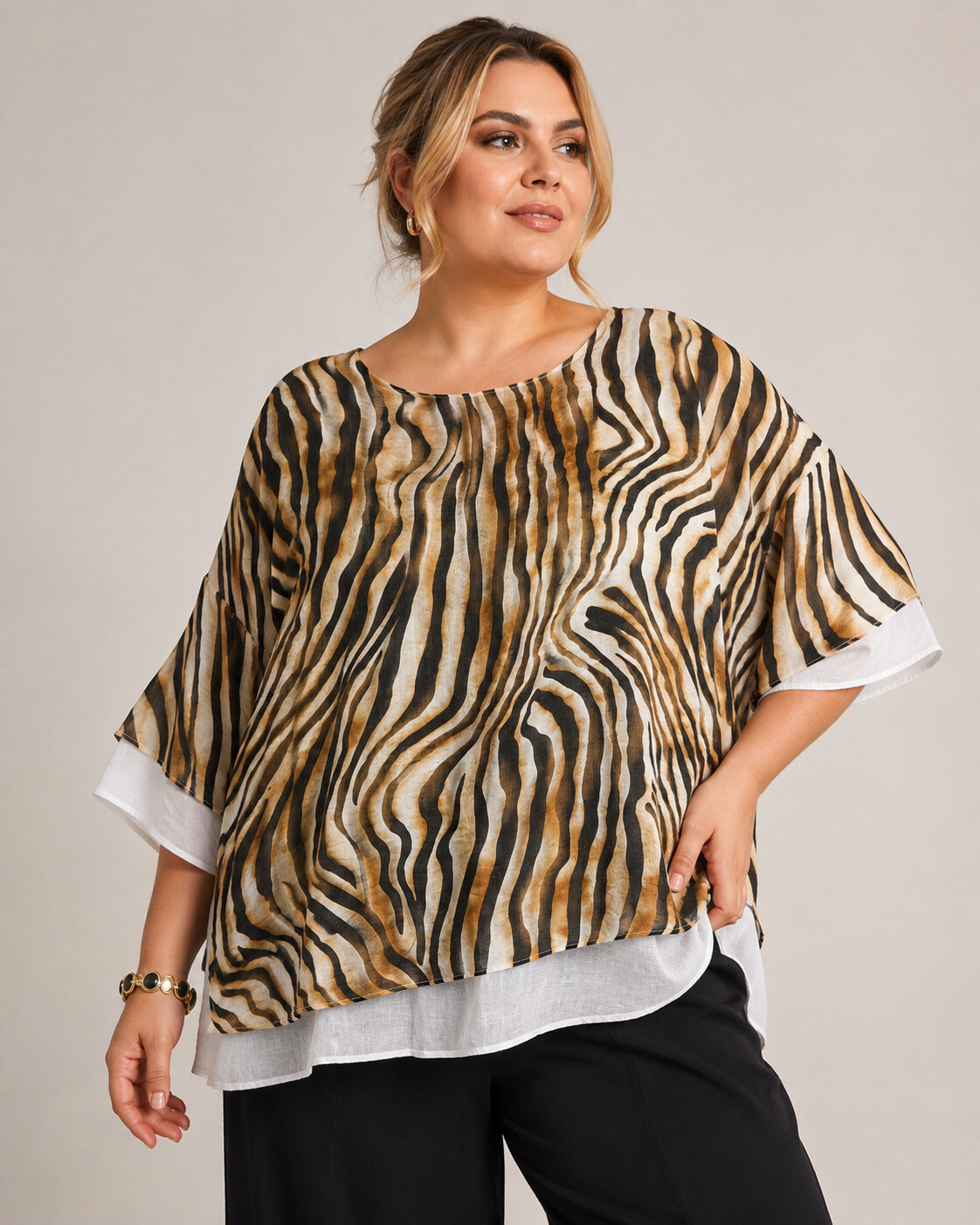 Wholesaler World Fashion - Plus Size Rayon Top with Short Sleeves in Cotton Gauze Effect - Zebra Print
