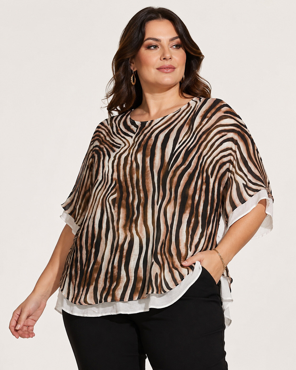 Grossiste World Fashion - Top Rayonne Grande Taille manches courtes en effet gaz de coton - Imprimé Zèbre