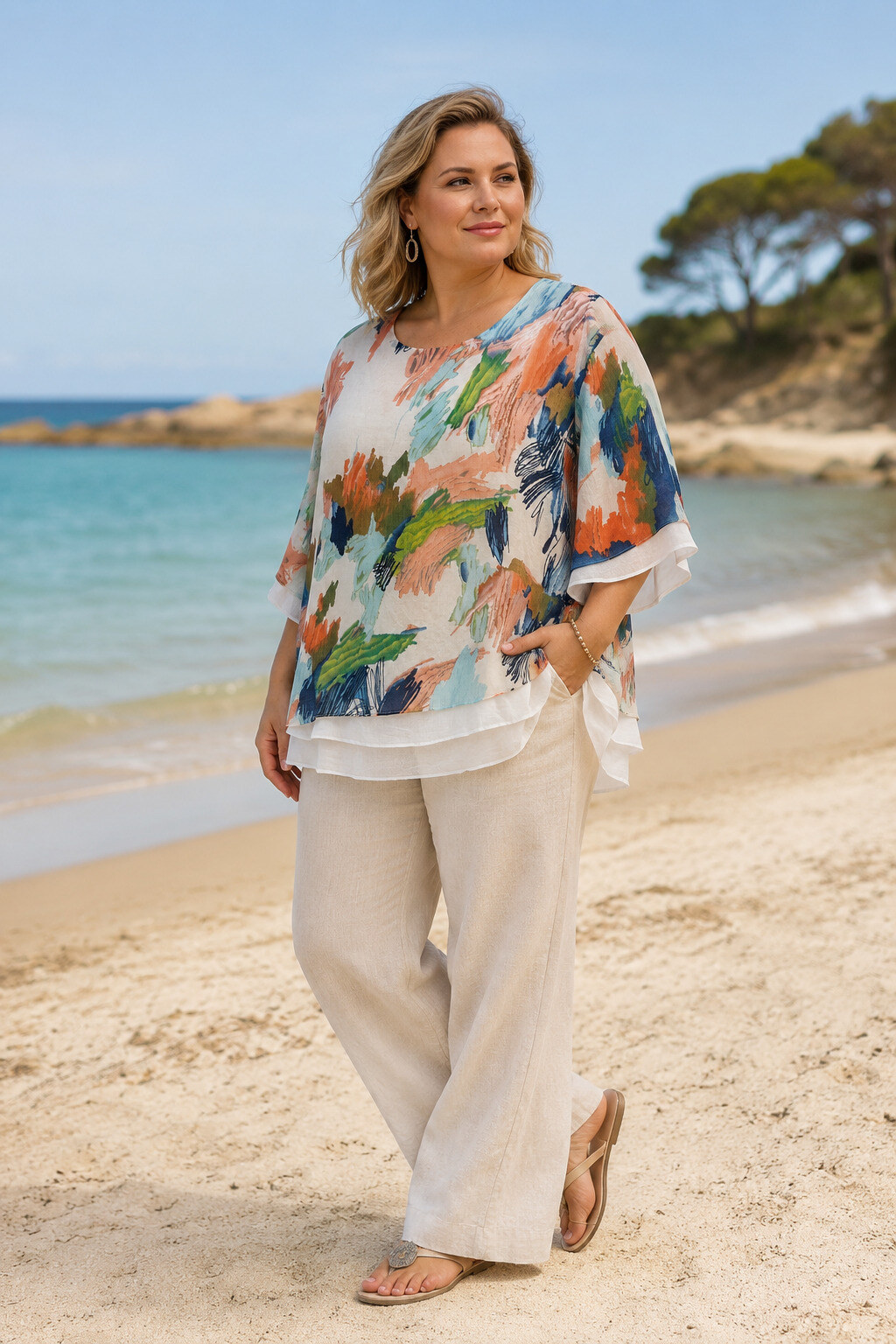 Grossiste World Fashion - Top Rayonne Grande Taille manches courtes en effet gaz de coton - Imprimé