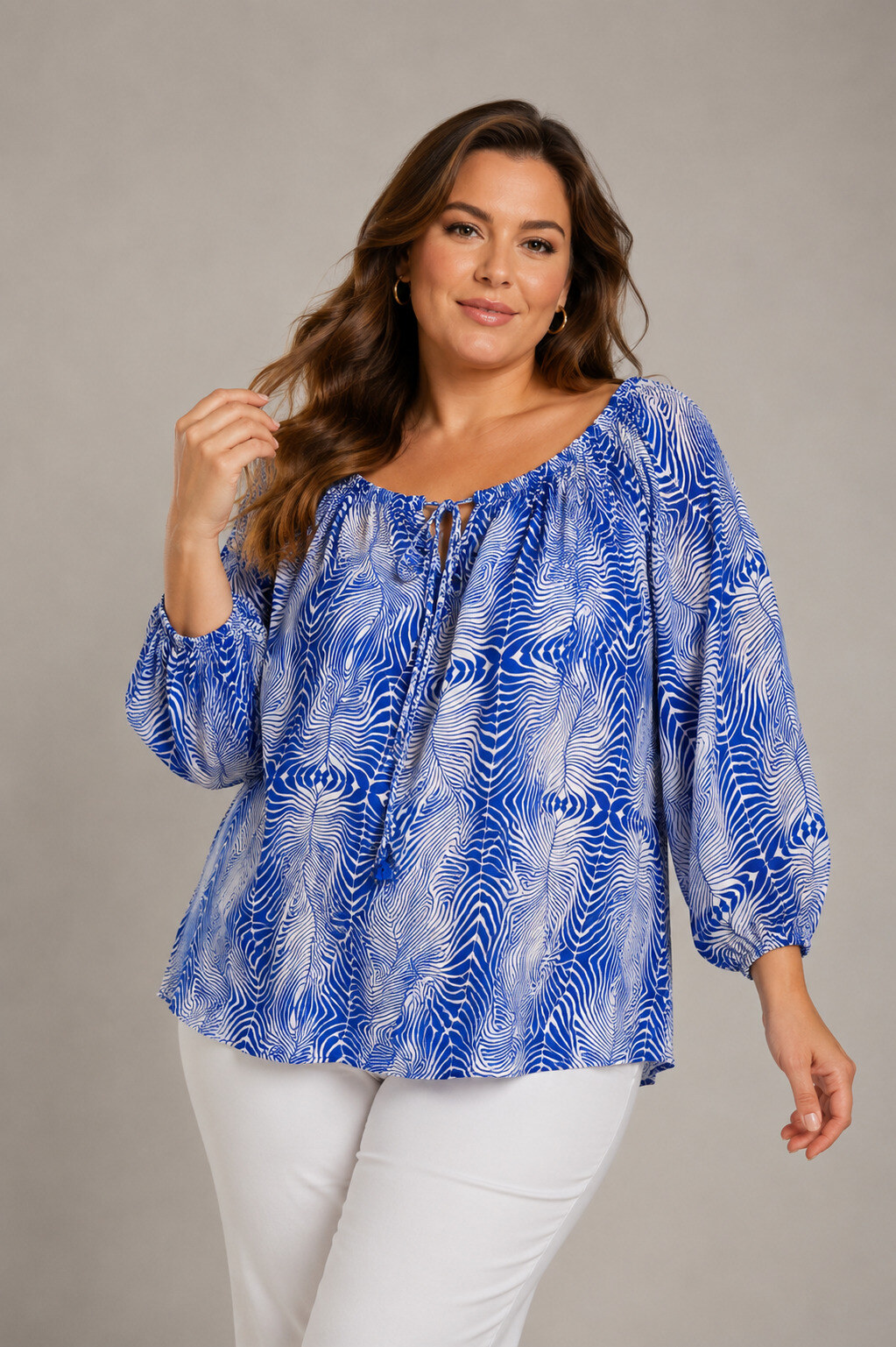 Wholesaler World Fashion - Plus Size Flowing Printed Tunic with Gathered Neckline