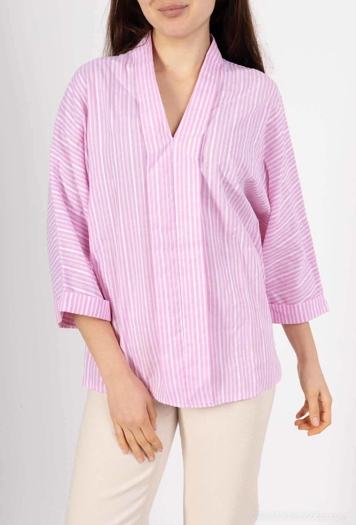 Grossiste Y Fashion - Chemise ample rayée en coton à col V