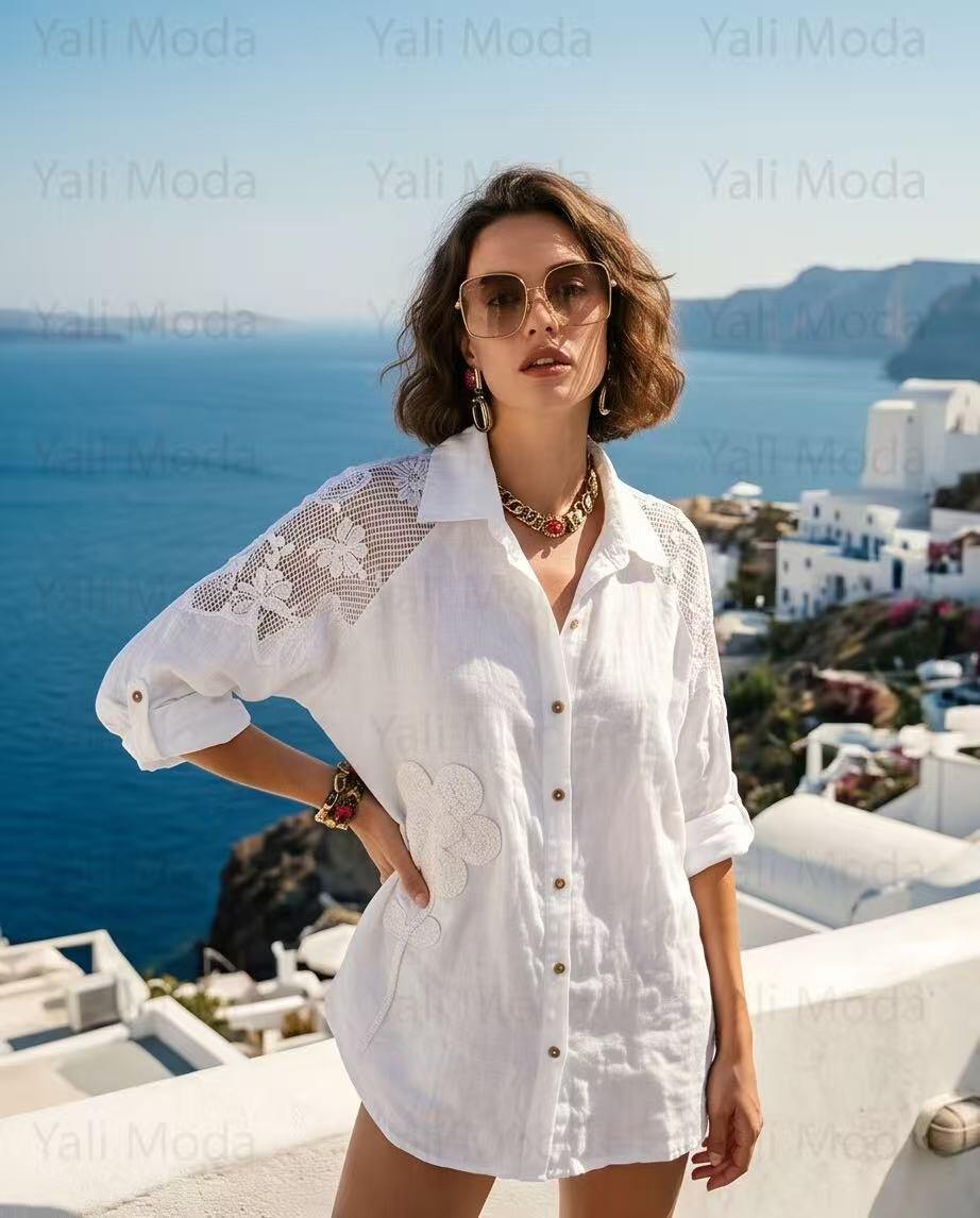 Wholesaler YALI MODA - Linen Shirt with Applied Floral Embroidery