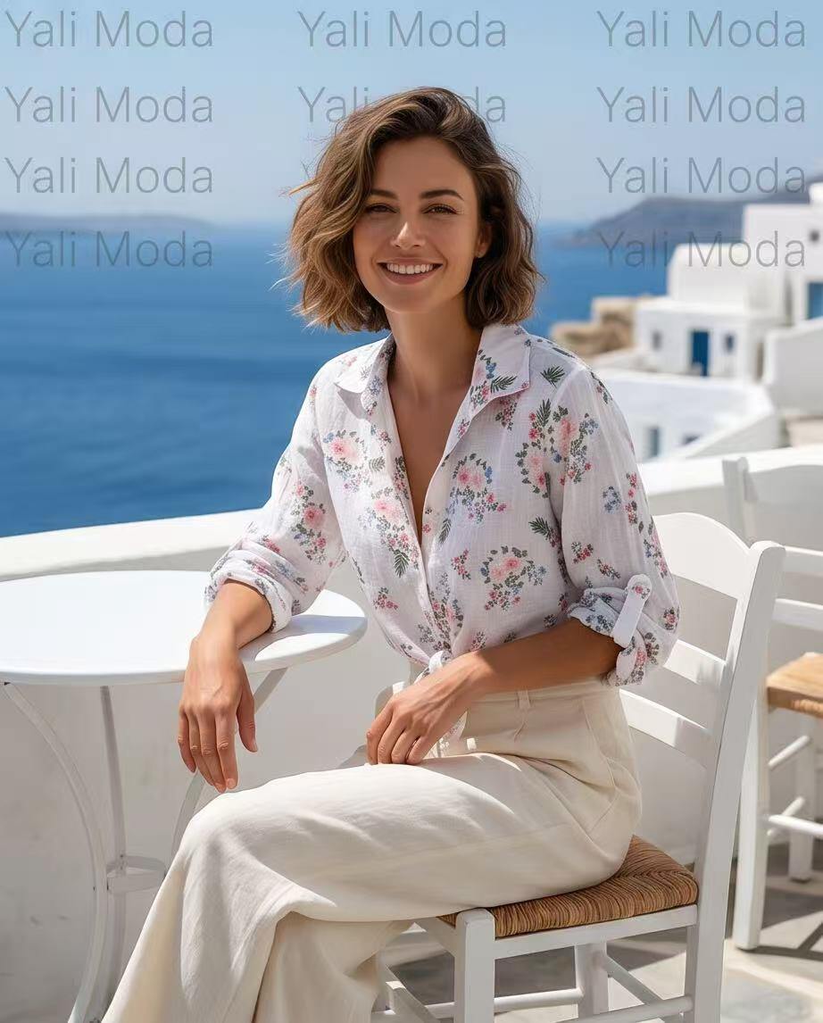 Wholesaler YALI MODA - Short Linen Shirt with Romantic Little Flowers
