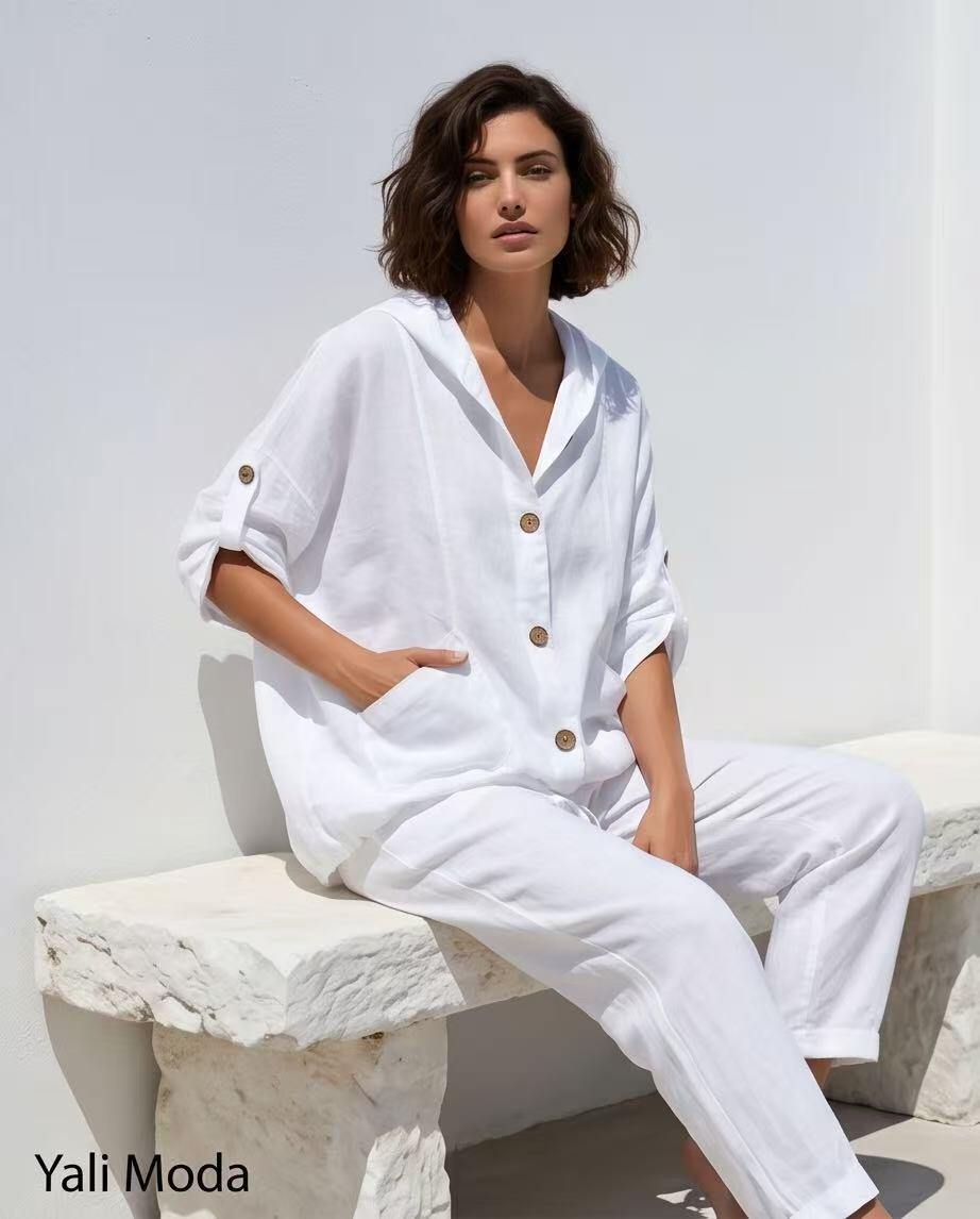 Großhändler YALI MODA - Leichte Jacke aus Reinem Leinen mit Kapuze und Natürlichen Knöpfen