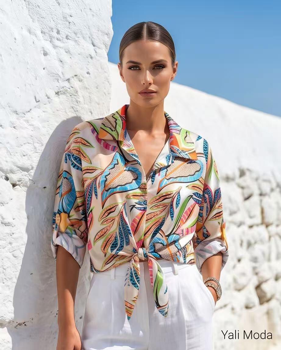 Mayorista YALI MODA - Camisa de satén estampado tropical chic